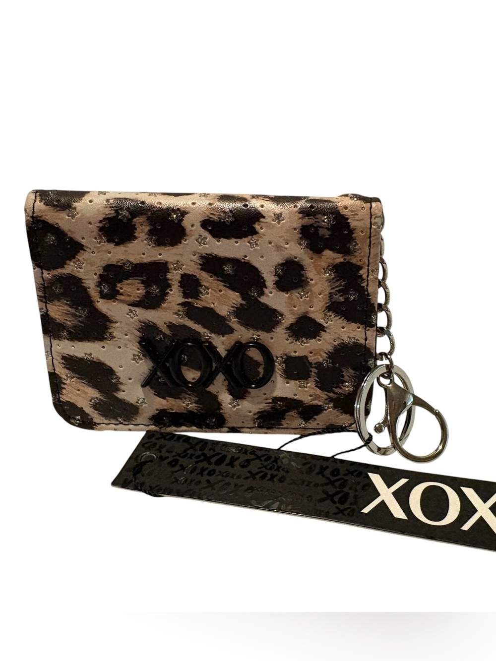 XOXO Leopard Print Card & Key Holder with Chain - Taupe Black